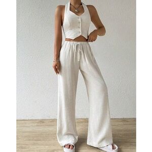 Linen Button Down Halter Crop Top Wide Leg Trouser Pants set